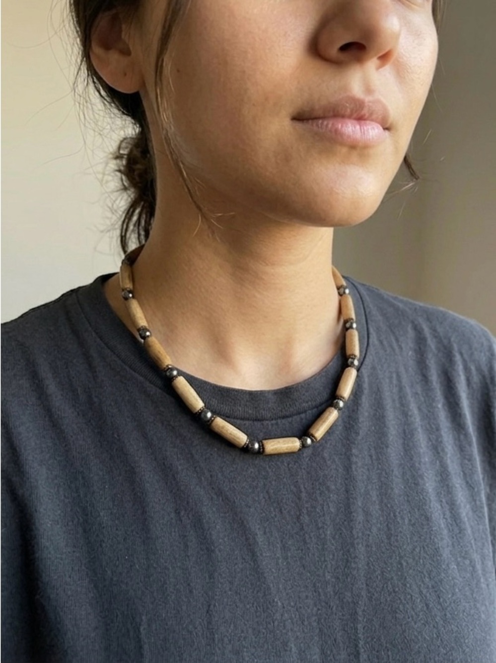 Rustic Boho Wooden & Metallic Bead Statement Necklace Earthy Accessory
Unisex